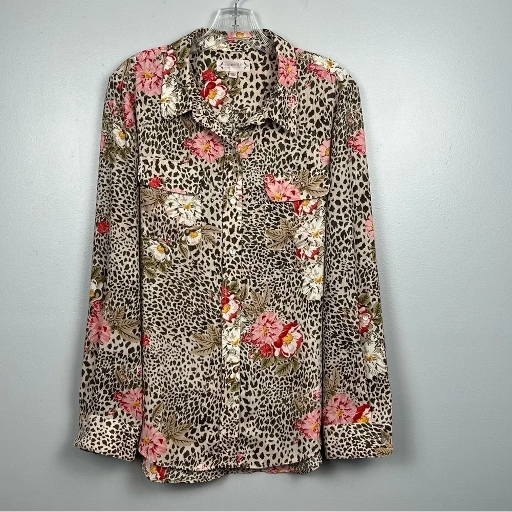 Nanette Lepore floral & animal print roll tab button front blouse top, large.